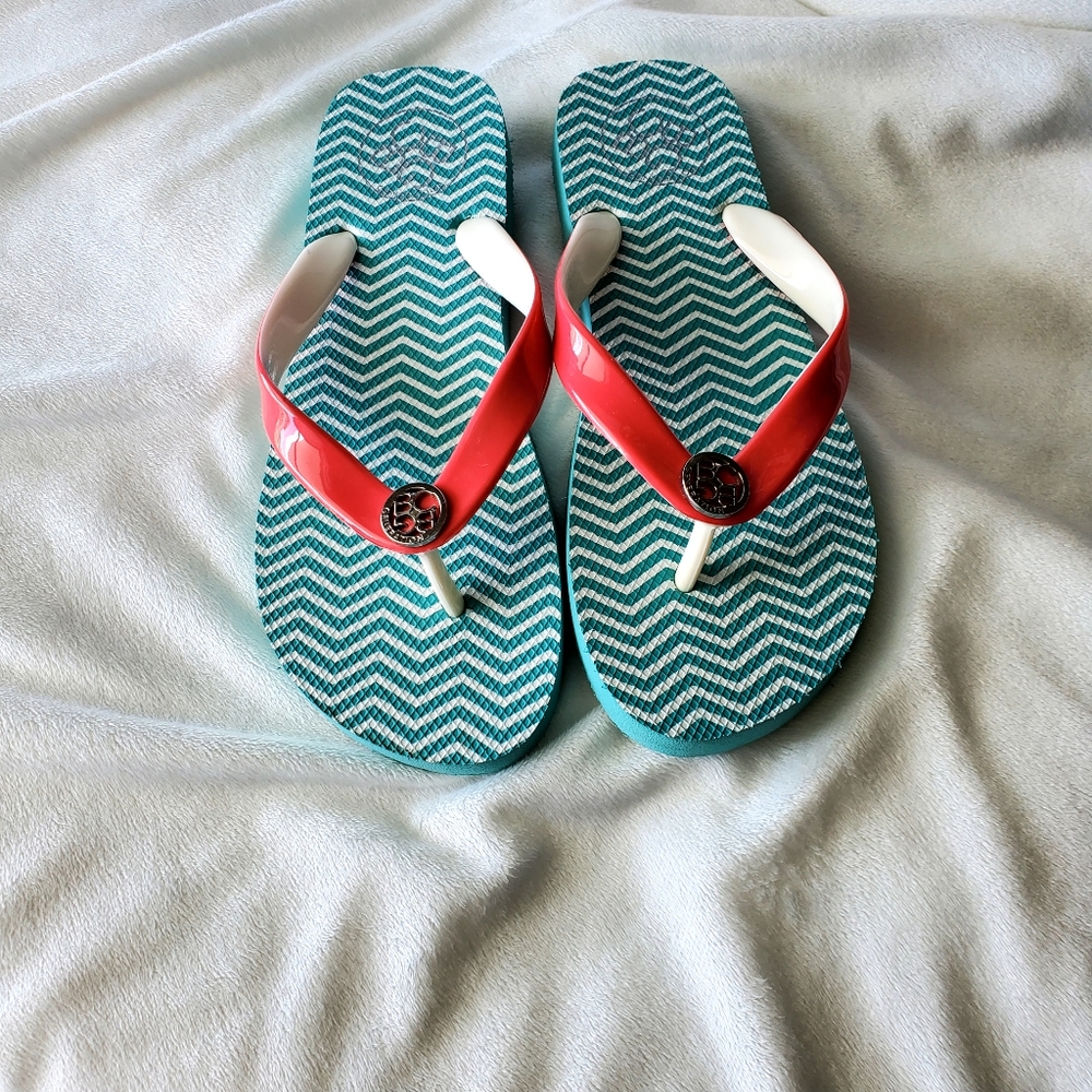 BCBG Womens Flip Flops Pink Teal White